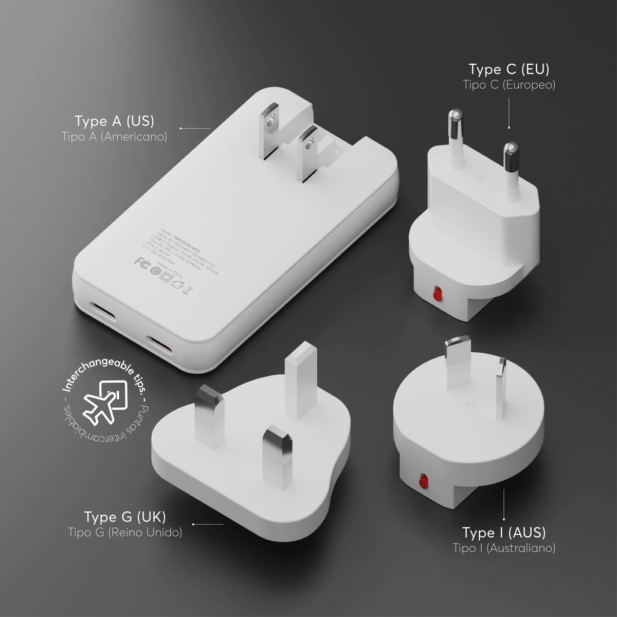 Cargador de viajes PowerPlug Ultra 65W para USB-C US/EU/AUS/UK