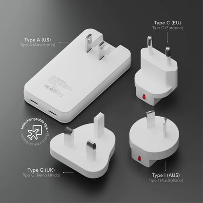 Cargador de viajes PowerPlug Ultra 65W para USB-C US/EU/AUS/UK